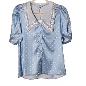NWT J. ING Polka Dot Statement Collar Pajama Style Top Sz S blue white